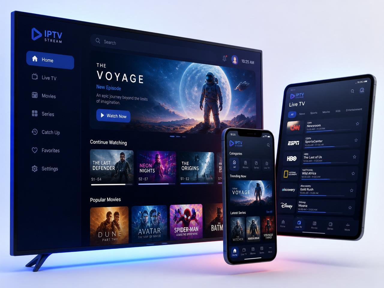 Smart TV, tablet e celular exibindo a plataforma IPTV CENTRAL PRIME